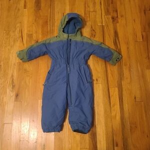 REI tots snowsuit fleece lined with hood blue and green 18 months